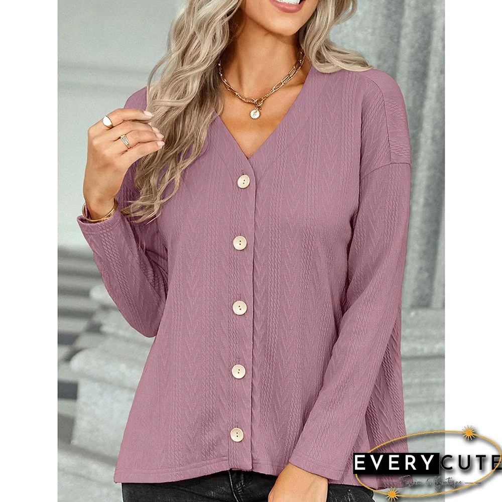 Pink Purple V Neck Jacquard Button Knit Cardigan