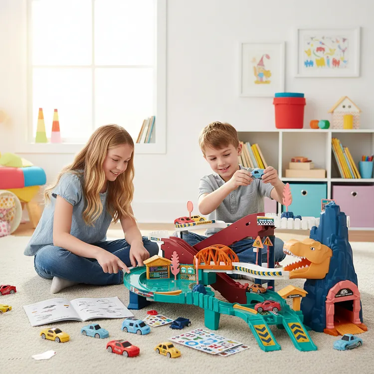 Dinosaur Car Track Playset &mdash; Gravity-Powered T. rex Racing Adventure (No Batteries Needed)