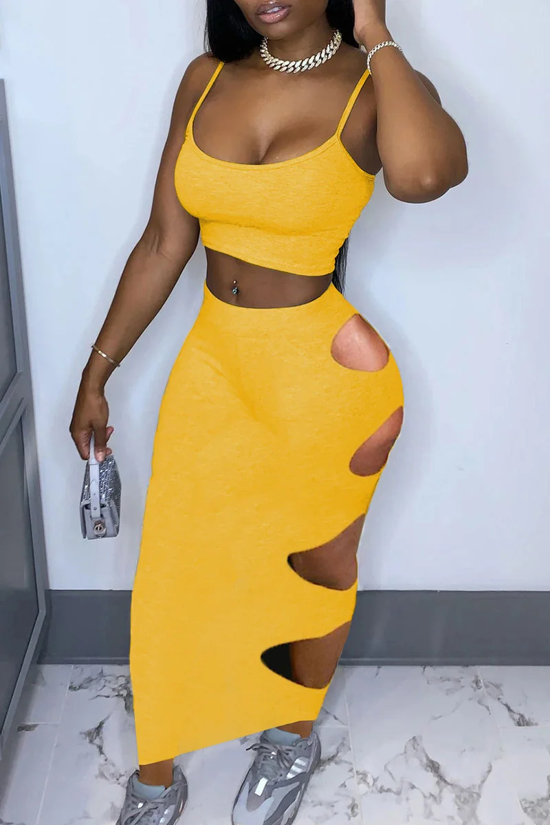 Yellow Sexy Solid Ripped Backless Burn-out Spaghetti Strap Sleeveless Two Pieces | EGEMISS