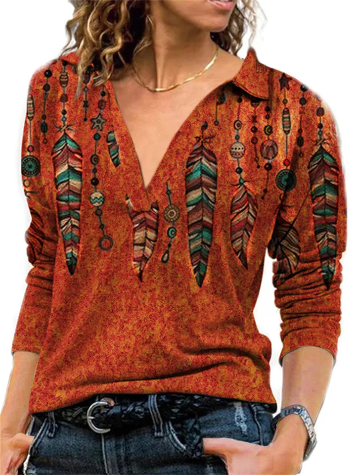 Vintage Print V Lapel Long-sleeved Women's T-shirt Tops