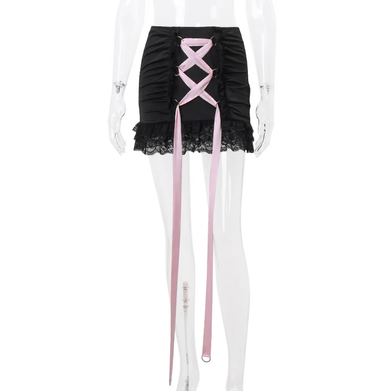 Uveng Uveng Winter New Ins Pure Desire Hot Girl Lace With Long Sleeve Top Lace Splicing Package Buttock Skirt Suit Female