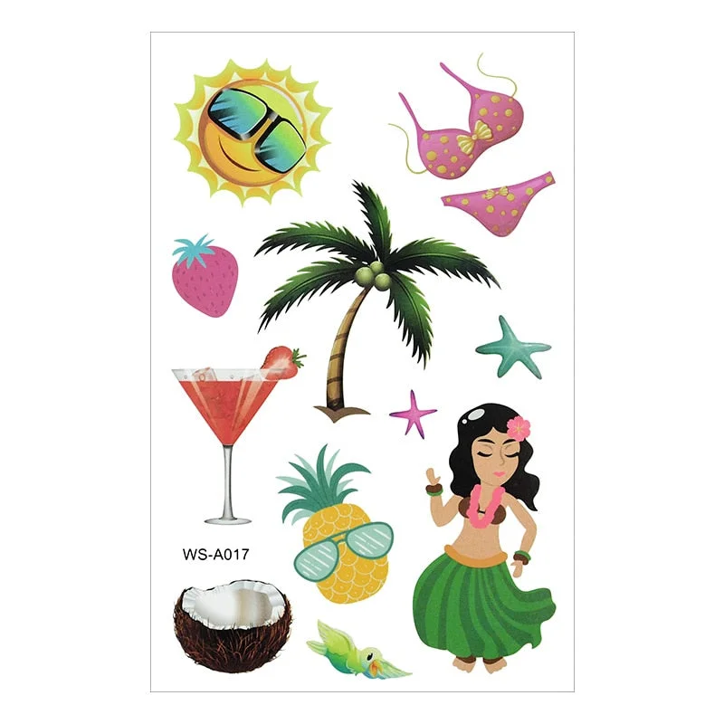 10Sheets Hawaiian Party Aloha Temporary Tattoo Sticker Waterproof Tropical Flamingo Party Luau Summer Beach Birthday Decorations