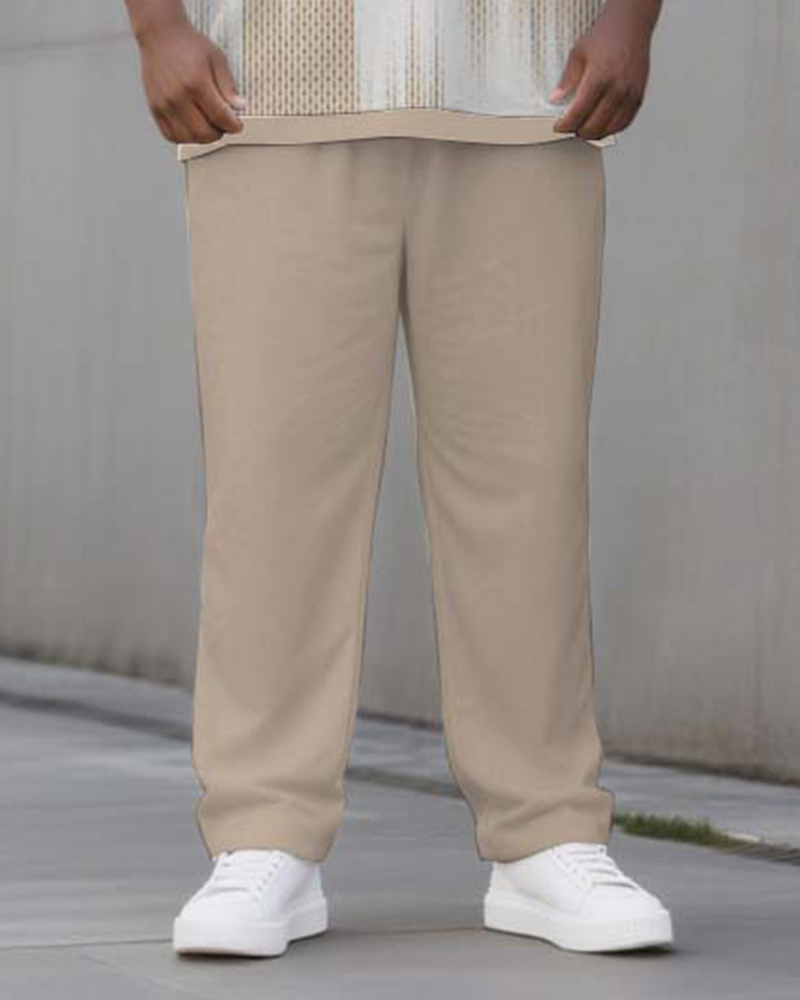 Big & Tall Men's Apricot Stripe Printed POLO V-Neck Long Sleeve Trousers Two-Piece Set