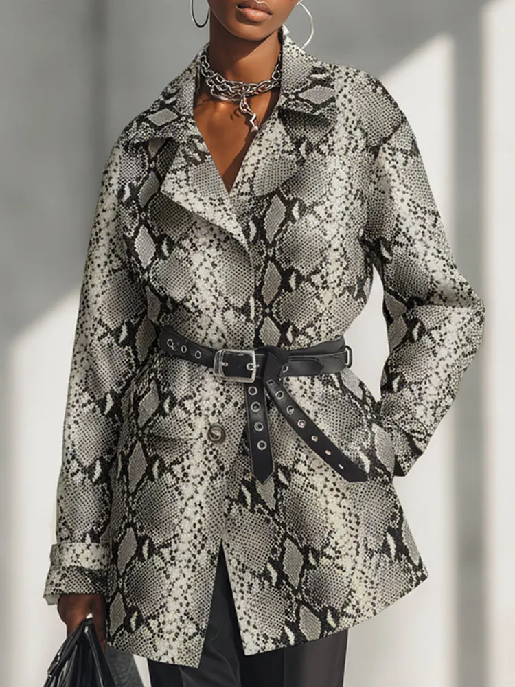 Fashionable Urban Beige And Black Snake Print Faux Leather Lapel Jacket