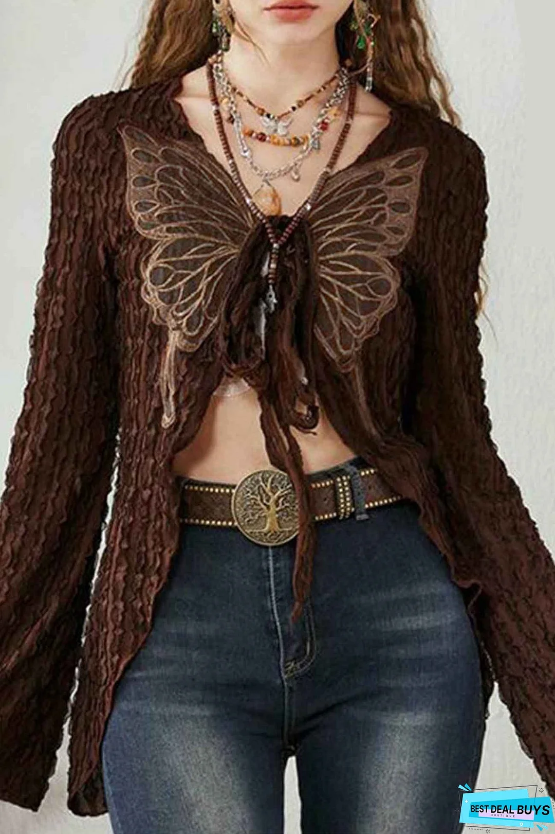 Butterfly Embroidered Tie Cardigan