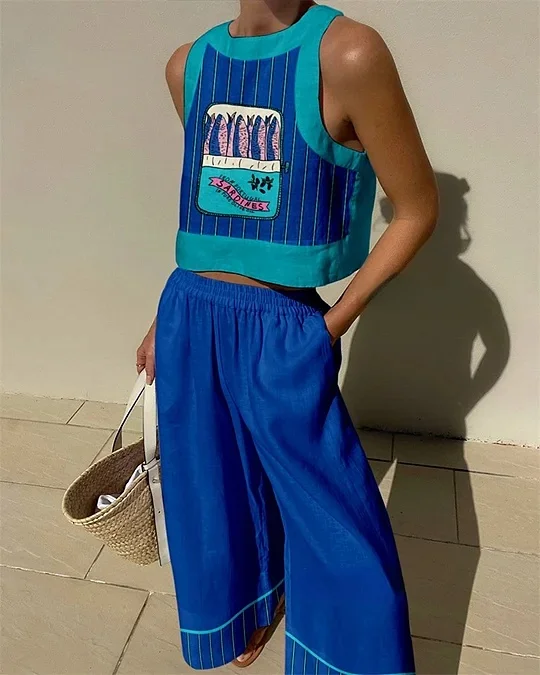 Sardine Colorblock Print Top & Pants Two-Piece Set