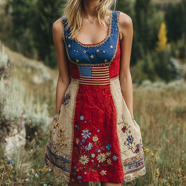 Comstylish Women's Vintage Independence Day Flowers Art Print Tank Midi Dress