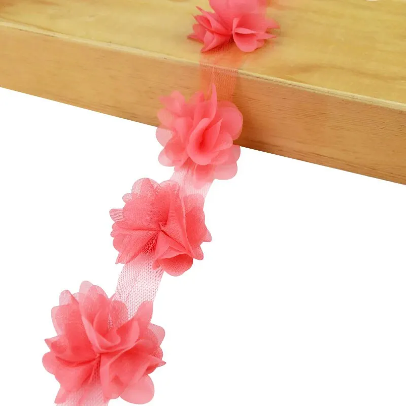 2Yards 24Pcs Flowers 3D Chiffon Cluster Flowers Lace Dress Decoration Lace Fabric Applique Trimming DIY Crafts Sewing Supplies