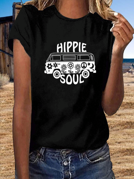 Bestdealfriday Vintage Car Hippie Soul Letter Printed Plus Size Short Sleeve Casual Tops