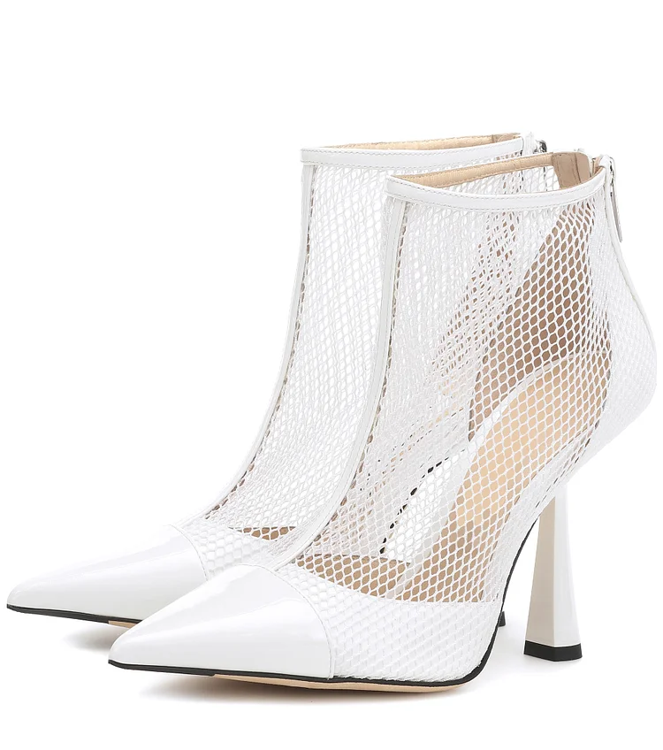 Women's White Chunky Heel Cutout booties Double Straps Ankle Boots