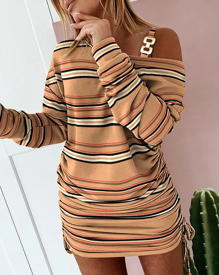 Off-Shoulder Long Sleeve Gathered Casual Dress