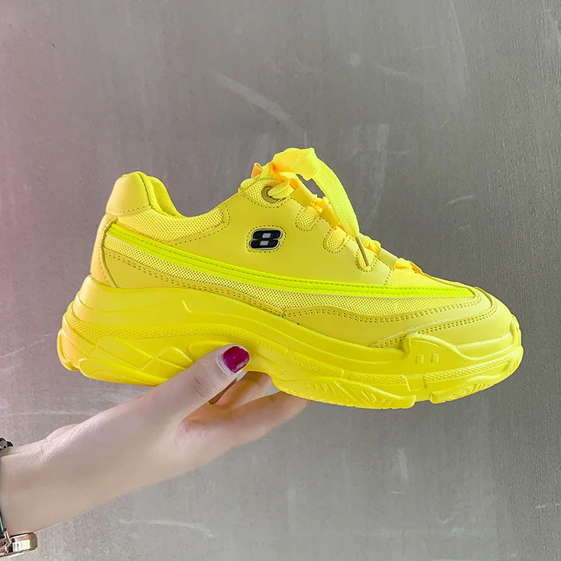 Colourp Casual Thick Sneaker Platform Summer Breathable Mesh Women's Shoes Flat Casual Yellow Sports Shoes Female Orange 2020