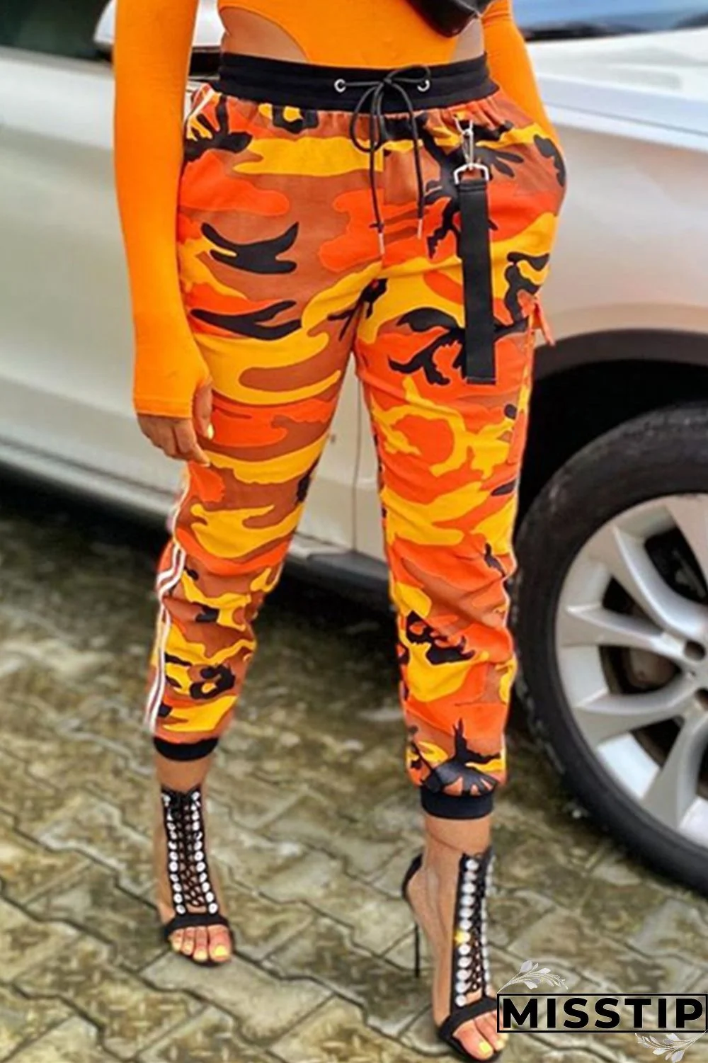 Grey Blue Green Yellow Drawstring Mid Patchwork Print bandage camouflage Loose Capris Bottoms