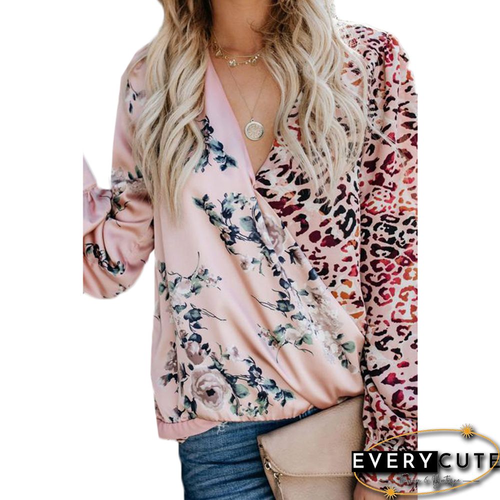 Pink Contrast Leopard Print Color V Neck Blouse