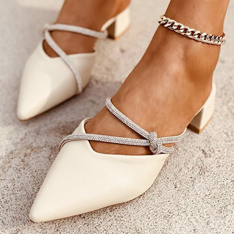 GOOSHOE White Block Heel Pumps Pointed Shoes Rhinestones Straps Mules