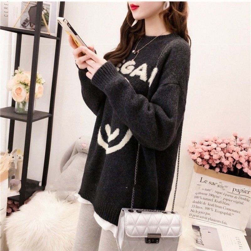 Wheelsraw costumes for women hot Autumn and Winter Women's Pullover Round Neck Flocking Bright Line Decoration Printing Loose Fashion Casual Long Sleeve Sweater