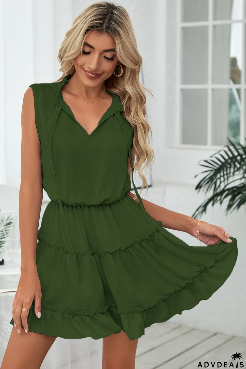 Frill Trim Tie Neck Sleeveless Mini Dress