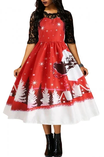 Half Sleeve Lace Patchwork Jingle All The The Way Christmas Dress Red-elleschic