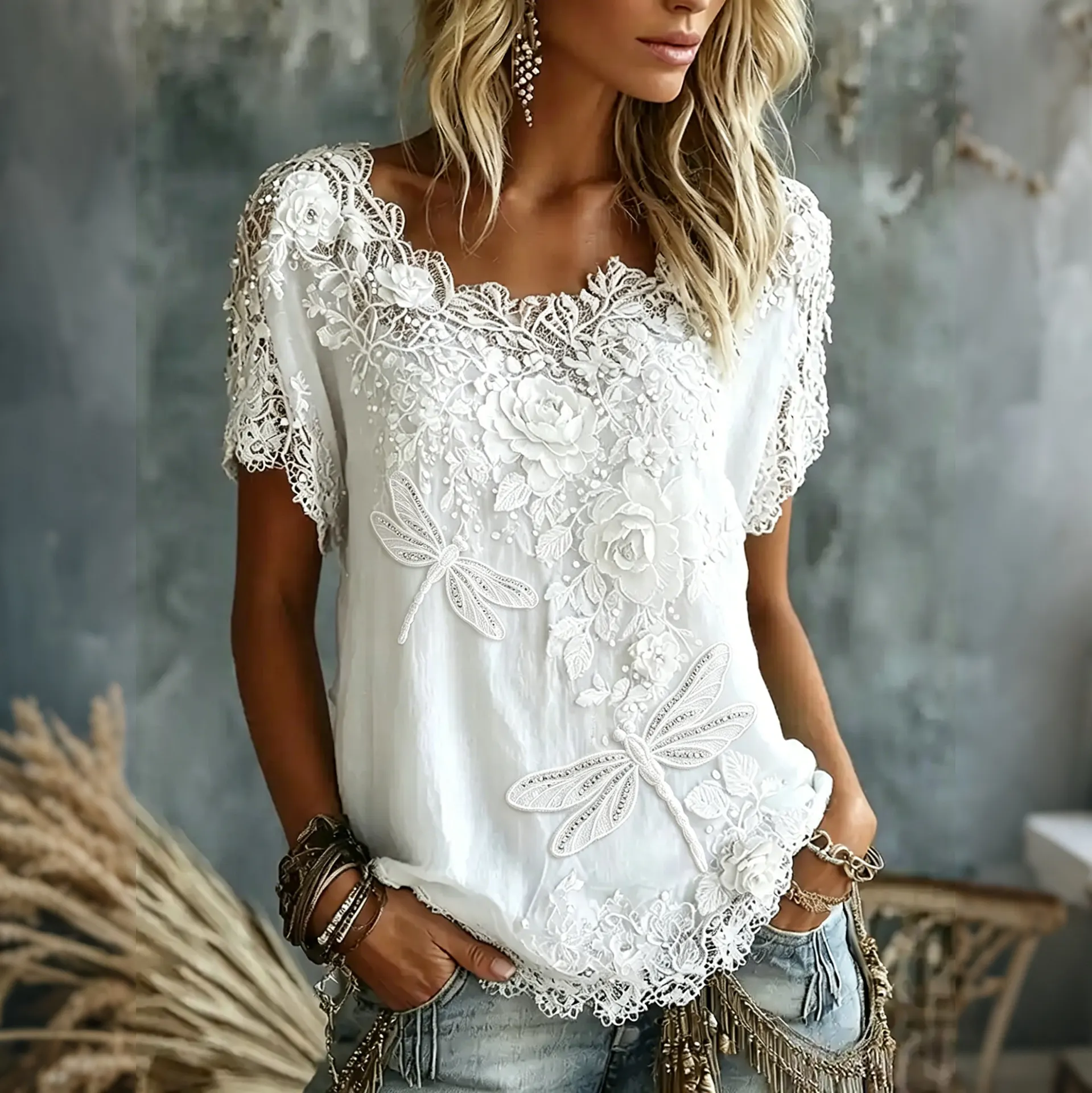 Comstylish Women's Vintage Rose Flowers And Dragonflies Art Flowy Linen Blend Casual T-shirt