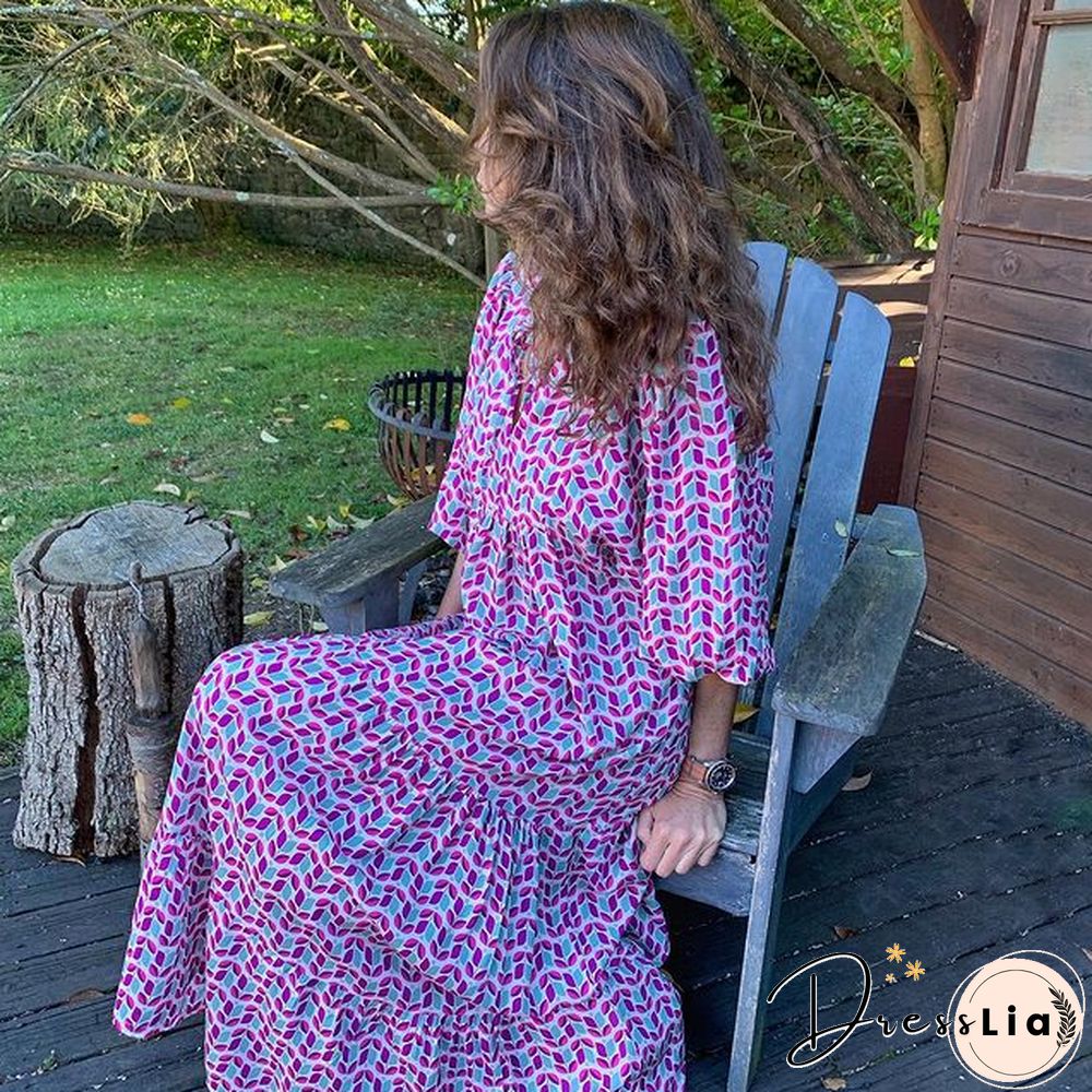 Lantern Sleeve Printing Long Dresses Women Summer Fashion V Neck Ankle-length Geometric Collage Dress Loose Boho Beach Dresses
