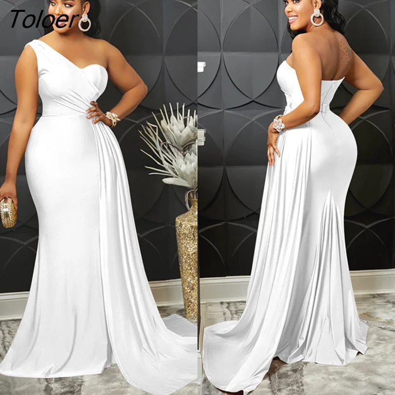 Toloer Design One Shoulder Irregular Pleated Fold Maxi Long Dress Women