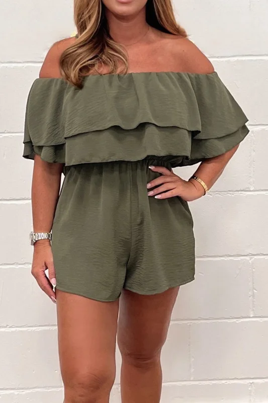 Casual off-neck ruffled solid color jumpsuit
