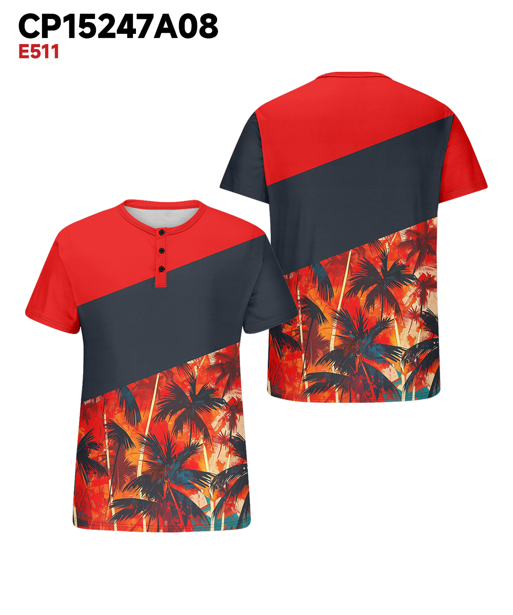 Men's Plus Size Hawaiian Red Patchwork Coconut Tree Print Henry Collar Button Short Sleeve Tee