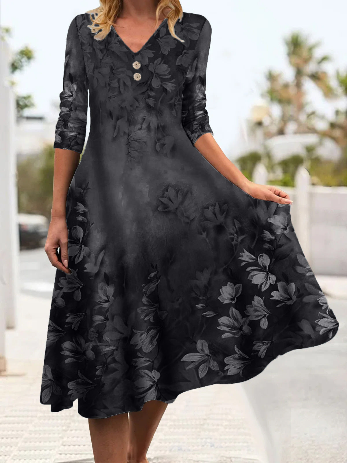 Women Half Sleeve V-neck Floral Printed Midi Dress