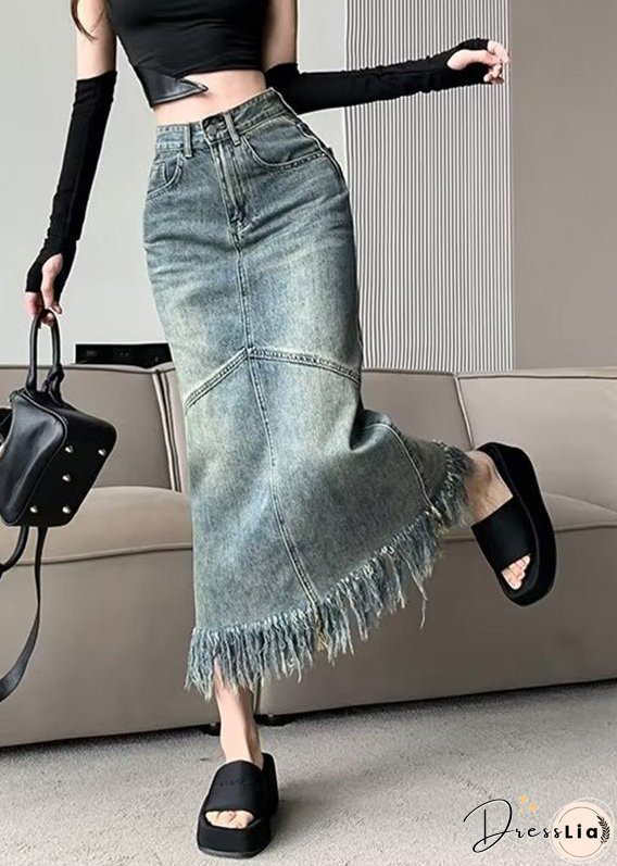 Vintage Blue Patchwork Tassel Denim Maxi Skirts Summer
