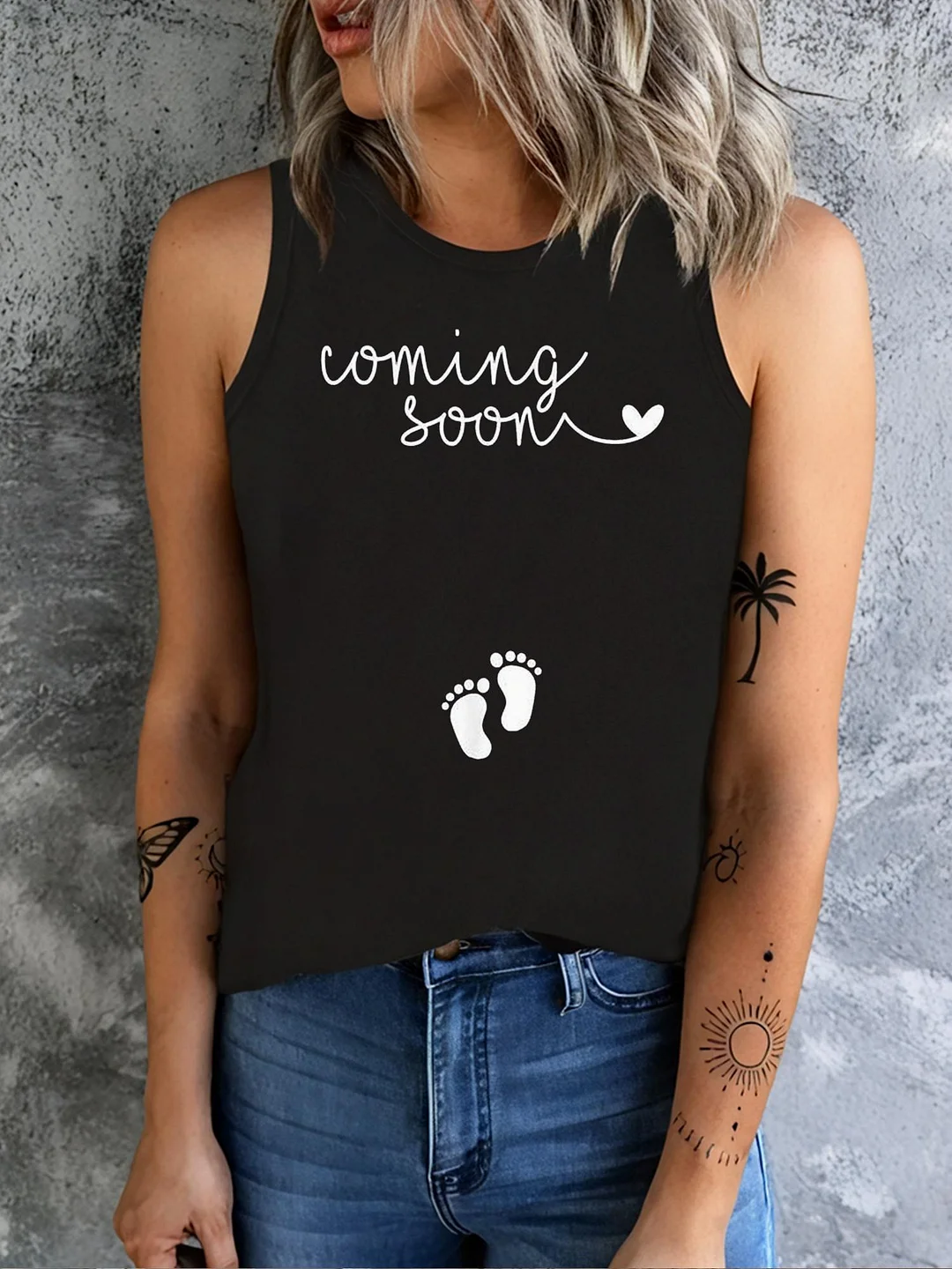 Women's Maternity "Coming Soon" Pregnancy Announcement Tank Top - Soft 100% Round Neck With Footprint & Heart Design, Casual Summer & Spring Top For Expecting Mothers, Maternity Clothing | Casual Maternity Top | Fabric | IFYHOME