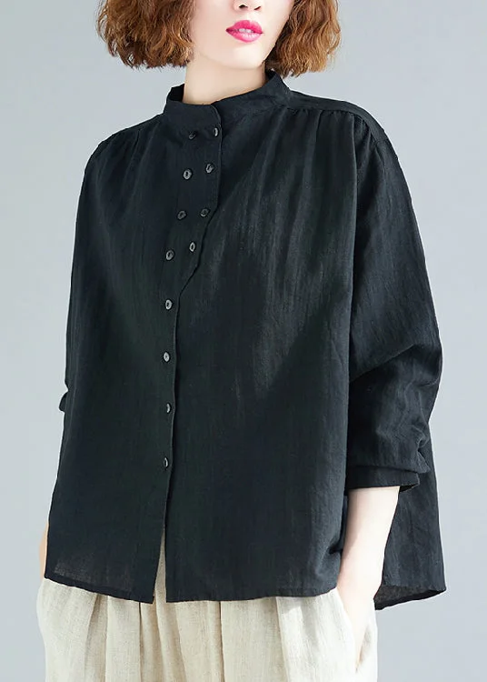 Loose Black Stand Collar Patchwork Cotton Shirt Tops Fall