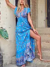 Split-Side Floral Printed Short Sleeves Maxi Dress