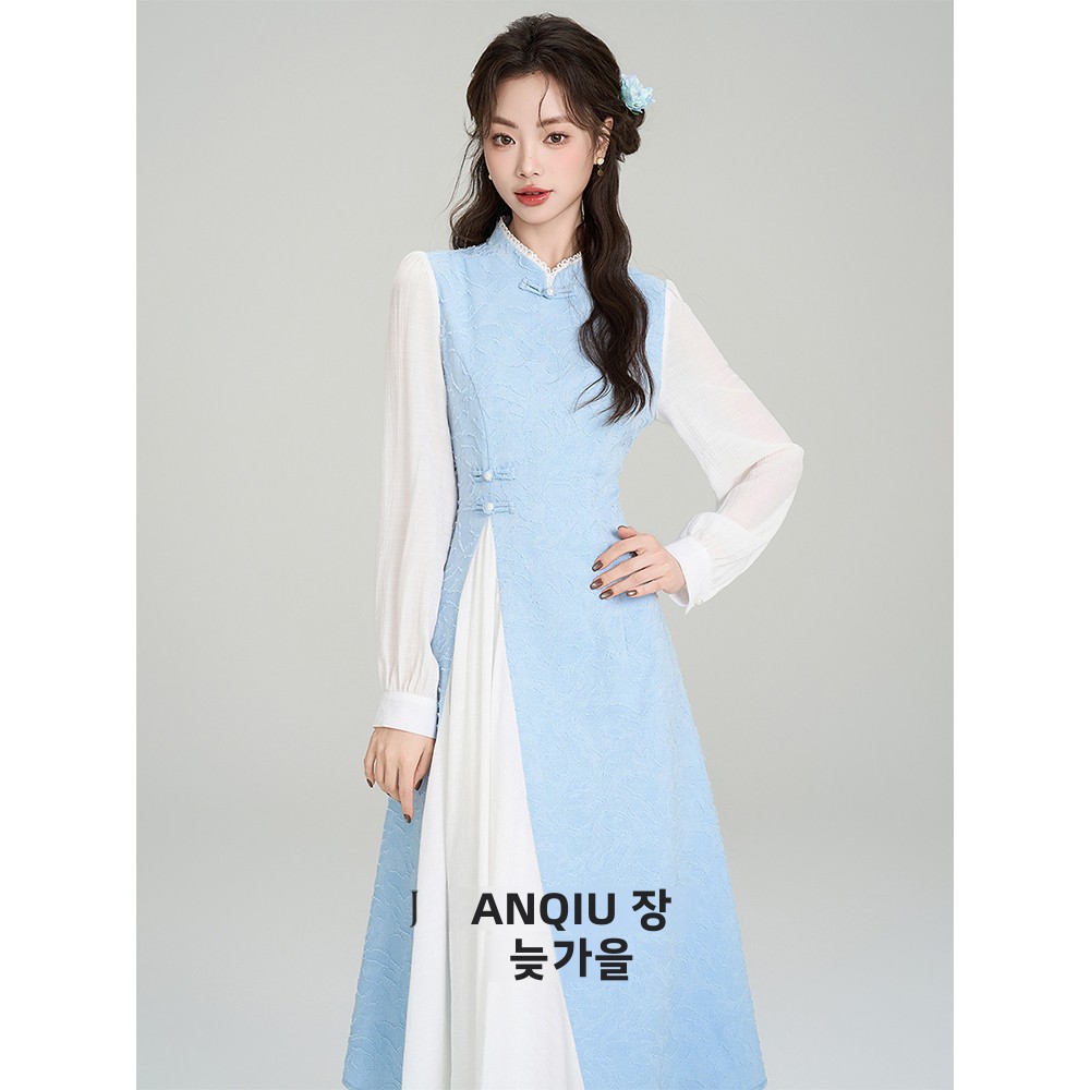 New Chinese Sle Elegant Girl Dress Improved  Spring Autumn New Model Waist Cinched A-Line Midi Dress Zipper Closure