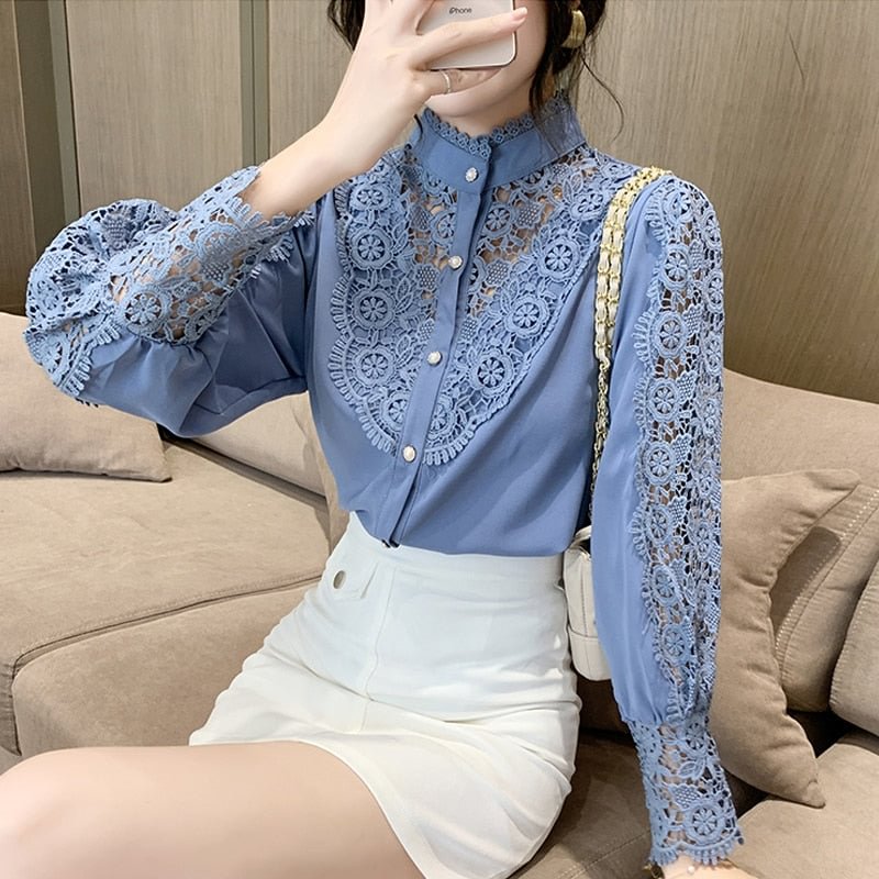 New Korean Lace Stitching Shirt Spring Chic Hollow Flower Buttons Ladies Top Sweet Stand Collar Long Sleeve Blouse Women 12948