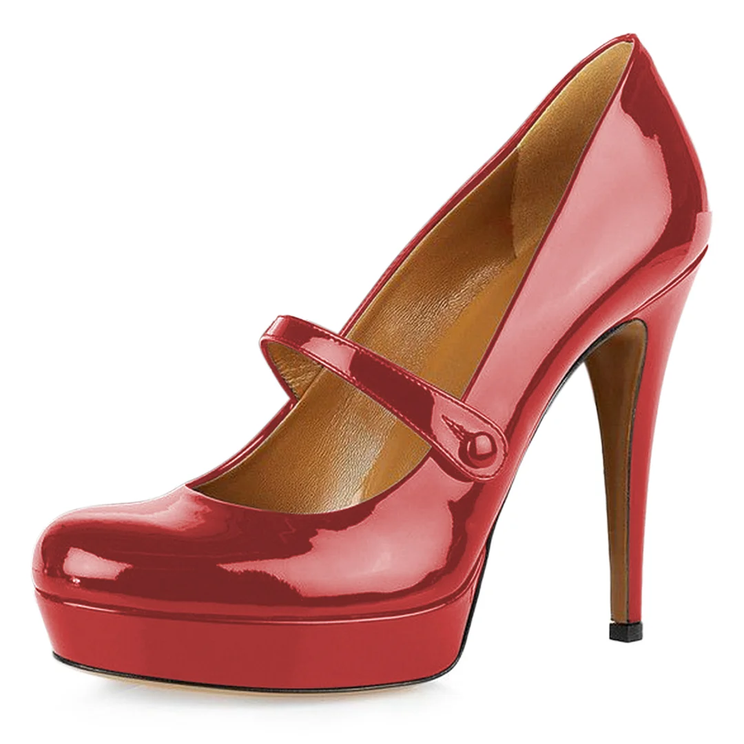 Red Patent Leather Buckle Strap Platform Mary Jane High Heels