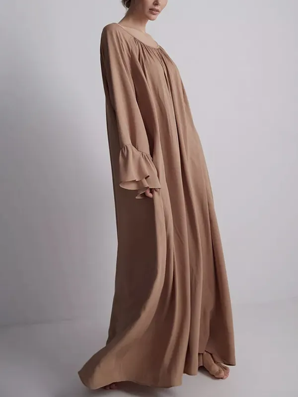 A-line Loose Solid Color Split-Joint Round-neck Maxi Dresses