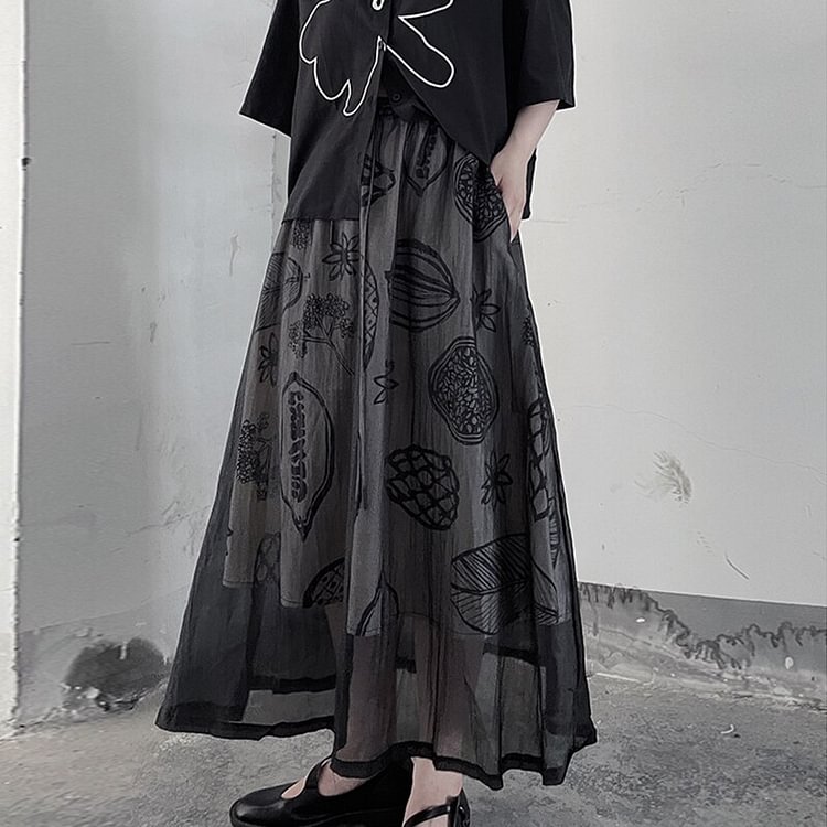 Chic Illustration Printed Patchwork Mesh Yarn Skirt               