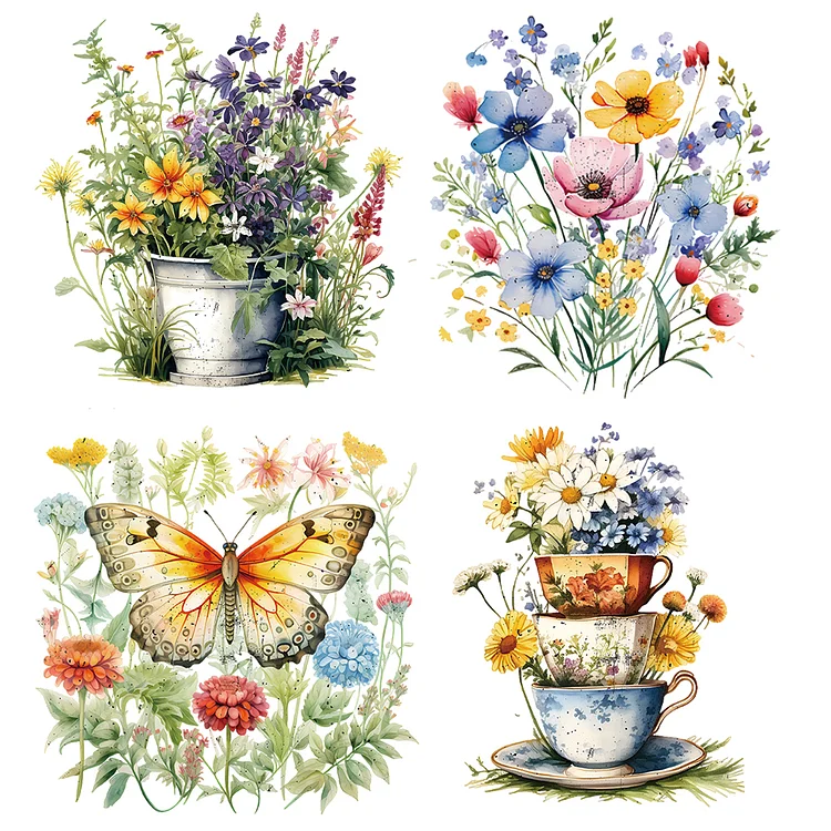 4 Sheets Flowers Iron on Patches Heat Transfer Vinyl Patch Stickers (Tea Cup)