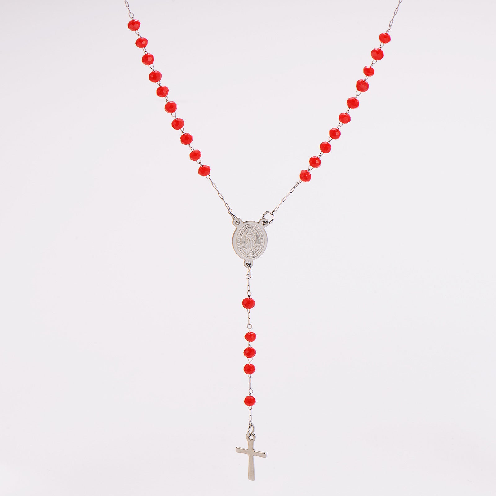 Aml Dopamine Color Crystal Beads Double-Sided Catholic Saint Benedict Portrait + Holy Medal Stainless Steel Long Necklace