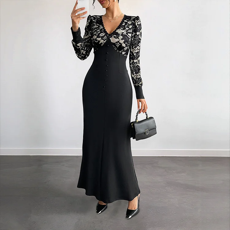 Retro V-neck Lace Stitching Long Sleeve Dress