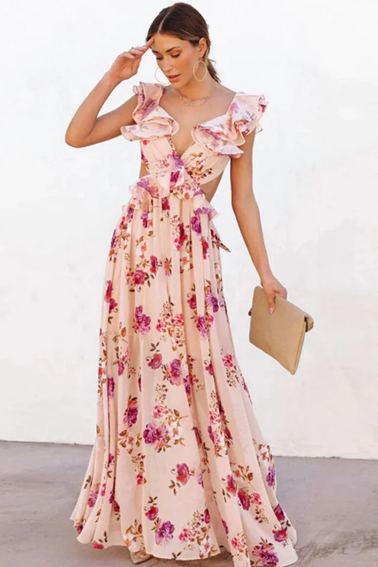 Vacation Pink Floral Print Ruffle Cut Out Sleeveless Maxi Dress