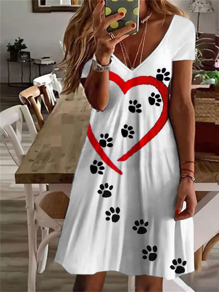 Paw Prints Way to Heart V Neck Midi Dress wearshes