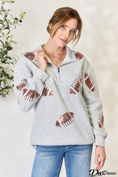 Double Take Full Size Sequin Football Half Zip Long Sleeve Sweatshirt