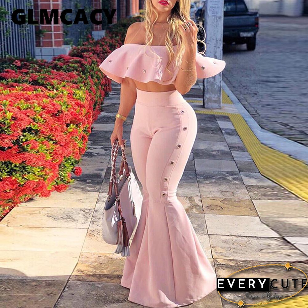 Women Two Piece Outfits Off Shoulder Ruffle Crop TopsAnd Flare Pants 2 Piece Set Summer Club Party Festival Set
