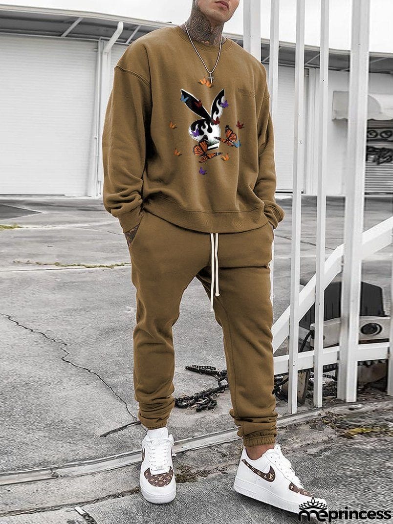 Comfy Mens Track Suits Printed Long Sleeve Sweatshirt + Track Pants