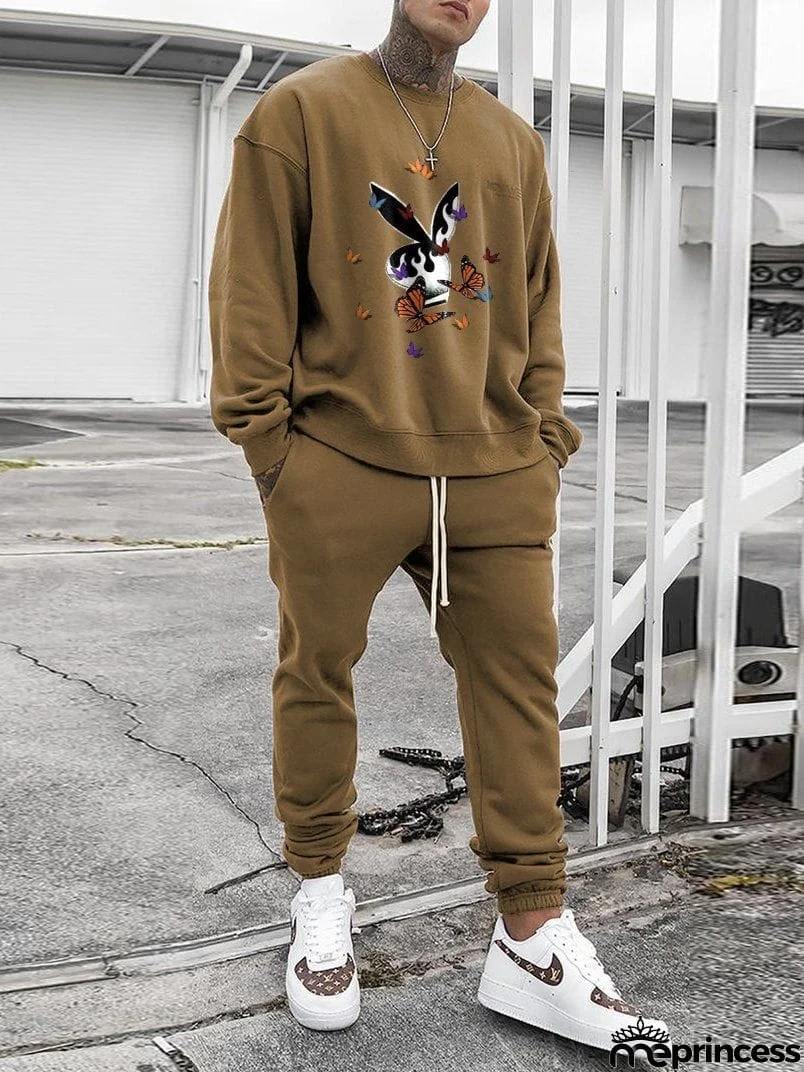 Comfy Mens Track Suits Printed Long Sleeve Sweatshirt + Track Pants