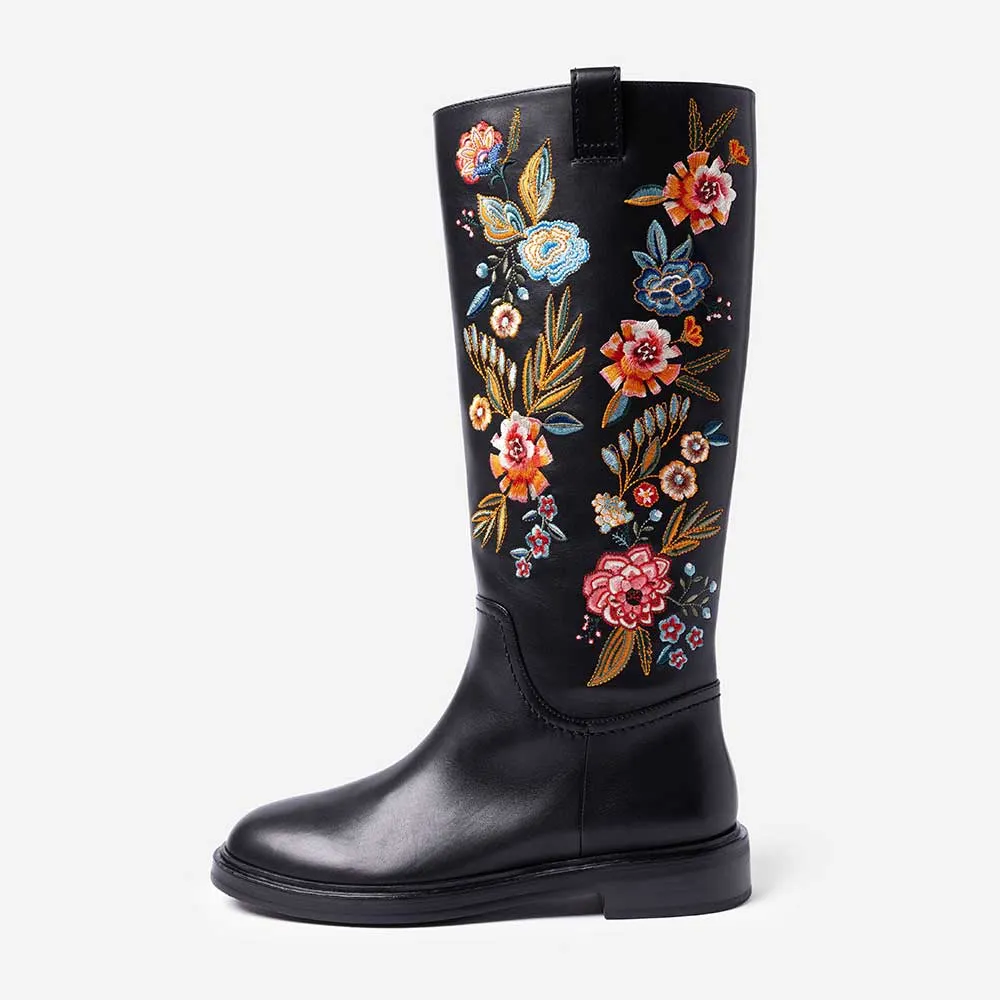 Black Round Toe Low Heel Flower Embroidered Knee High Boots for Women