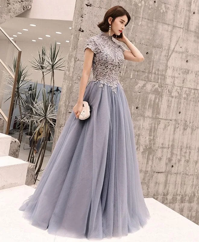 Gray Round Neck Tulle Lace Long Prom Dress, Evening Dress