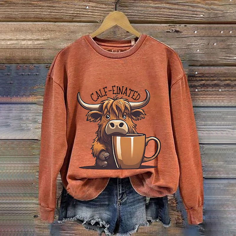Women's Vintage Highland Cow Print Long Sleeve Sweatshirt wearshes