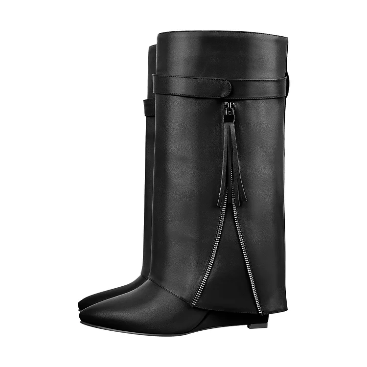 Women‘s Pointed Toe High Heel Wedge Cover Up Fold Over Knee High Boots